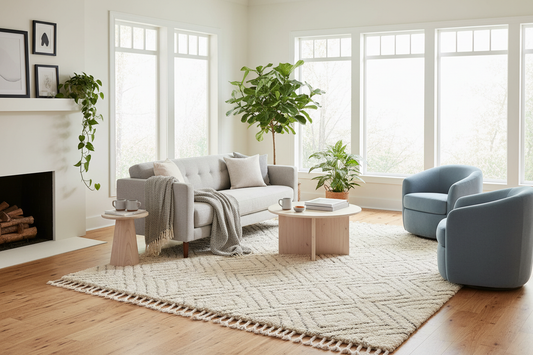 Salon moderne avec superposition de tapis, ambiance chaleureuse et texturée