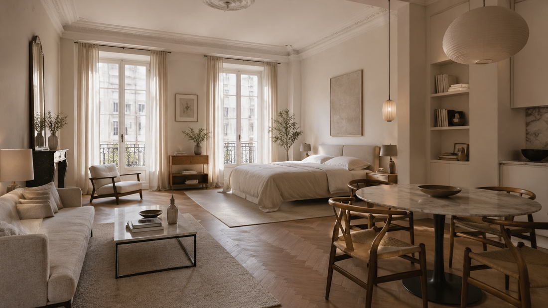 Studio lumineux avec coin nuit, coin salon et coin repas bien séparés visuellement