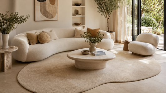 Salon contemporain avec grand tapis forme organique beige et mobilier aux lignes courbes