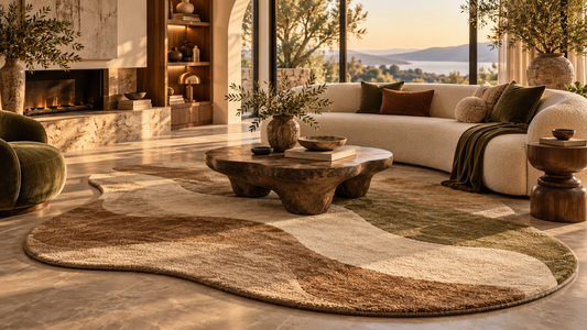 Tapis de forme organique graphique dans un salon chaleureux aux tons terracotta, crème et vert olive