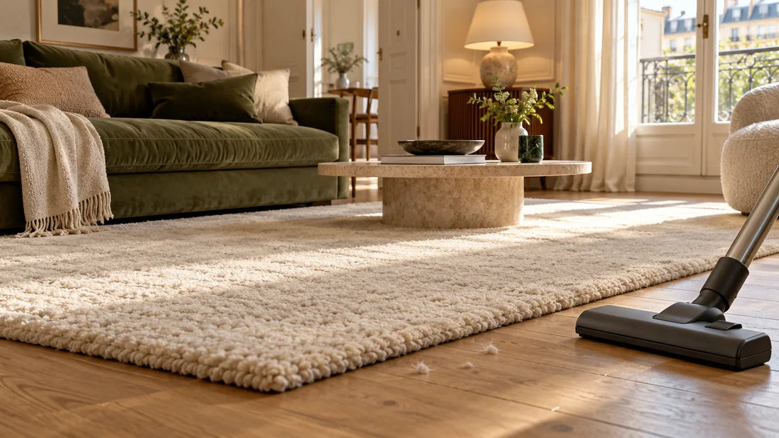 Quelques fibres libres près d’un tapis en laine écrue dans un salon lumineux.