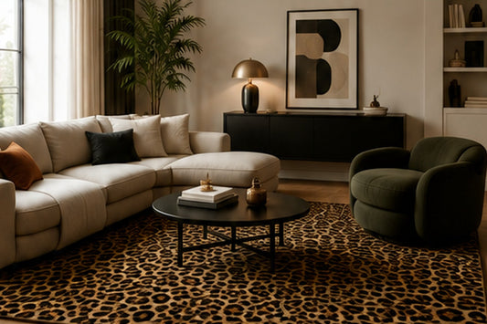 Tapis léopard dans un salon moderne aux tons beige, noir et vert olive
