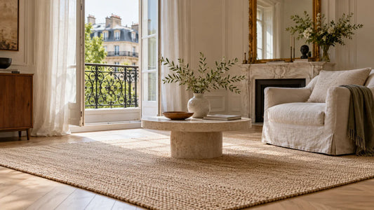 Tapis clair dans un salon aéré avec une fenêtre ouverte et un mobilier en bois.