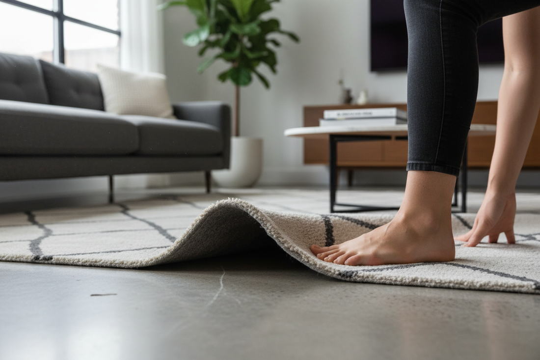 Tapis qui glisse sous un pied dans un salon moderne