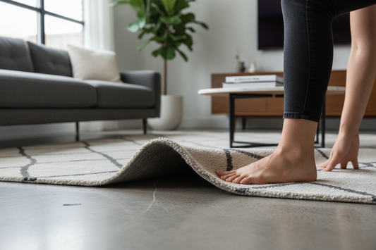 Tapis qui glisse sous un pied dans un salon moderne