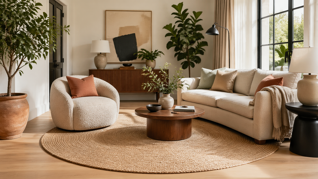 Salon avec tapis rond, fauteuil courbe, table basse ronde et plantes
