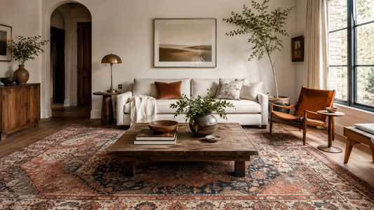 Salon moderne chaleureux avec grand tapis vintage aux tons terracotta et bleu