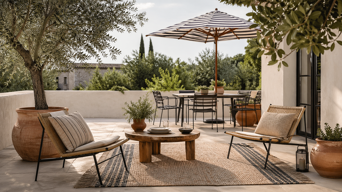 Terrasse méditerranéenne avec tapis extérieur, pots terracotta et parasol rayé