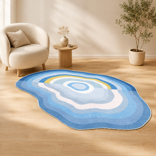 Tapis rond bleu aux motifs ondulés dans un salon scandinave lumineux